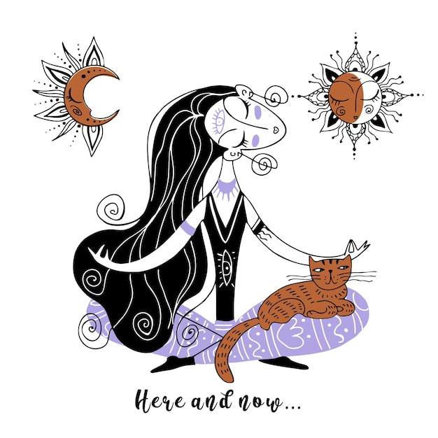 A girl meditates with a cat Zen Yoga Here and now Namaste Vector