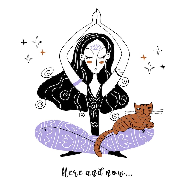 A girl meditates with a catZen Yoga Here and now Namaste Vector