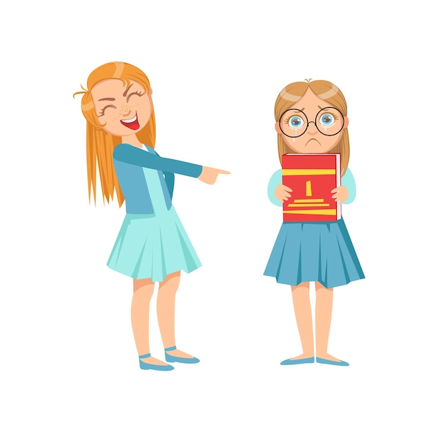 Girl Mocking Clever Kid In Glasses Teenage Bully Demonstrating Mischievous Uncontrollable Delinquent Behavior Cartoon Illustration