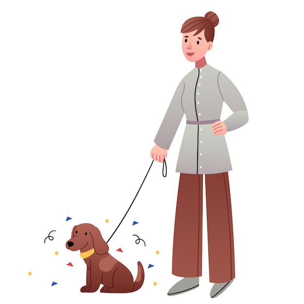 A girl in a modern kimono walks a dog. Flat illustration.