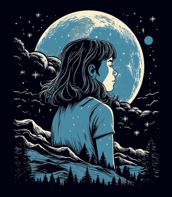 Vector a girl in a moonlight night sky