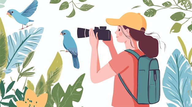 Vector girl observing bird with binoculars wildlife exploration concept