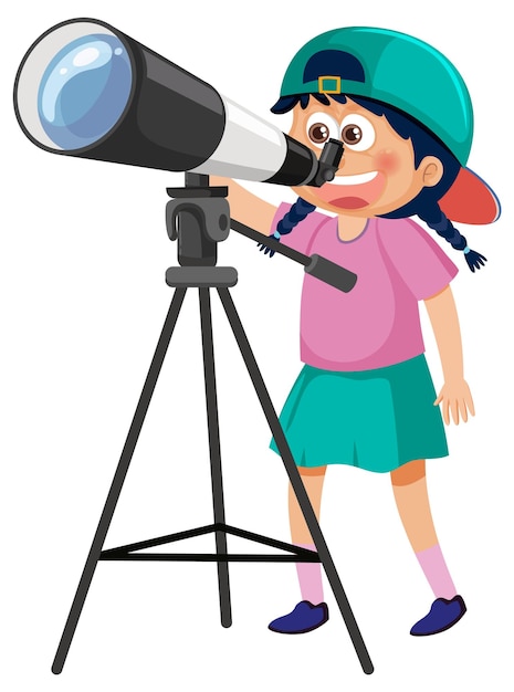 Girl observing the sky through telescope