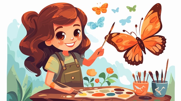 a girl painting a butterfly on a table with butterflies