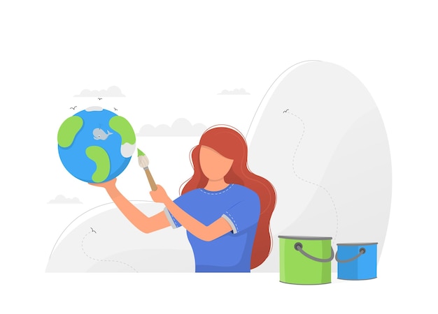 girl painting the earth with paint vector illustration