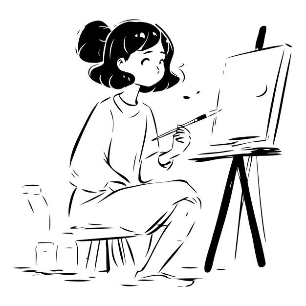 Vector girl painting a picture on easel vector illustration in cartoon style