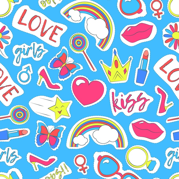 Girl Patches Sticker Background Pattern on a Blue Vector