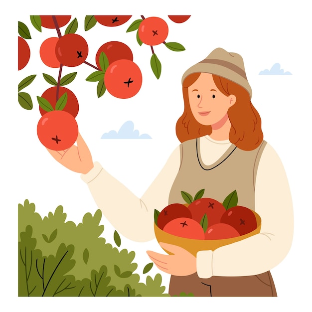 Girl picking applesHarvest conceptHand drawn flat vector illustration isolated on white background