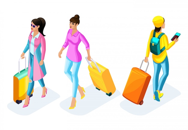  girl in a pink coat with a suitcase, girl in bright clothes and a creative hairdress with a suitcase, airport. Hipster girl in bright clothes with