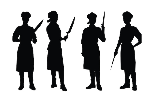 Girl pirates with anonymous faces and fullbody silhouettes Female butchers in different position silhouette with butcher knives Woman pirates with swords silhouette bundle on a white background