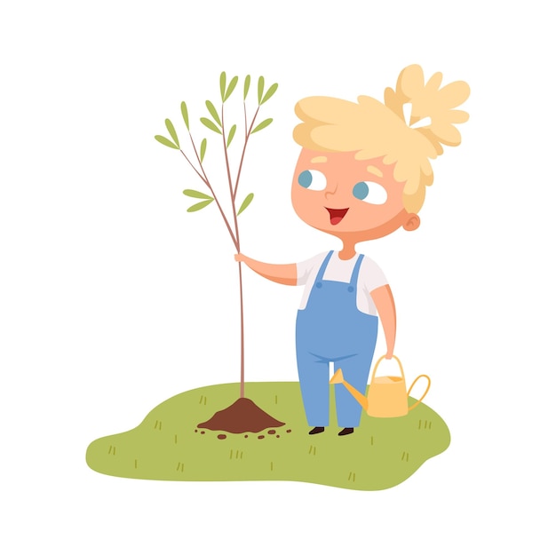 Girl planted tree Joyful baby with cuttings of plant gardening and plant growing hobbies Save the planet ecology vector illustration