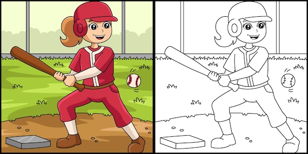 Girl Playing Baseball Coloring Page Illustration