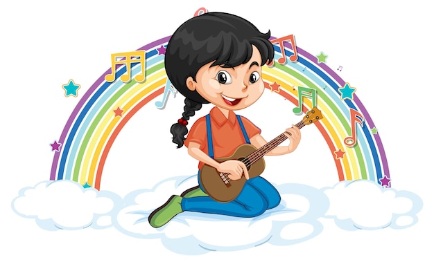 Girl playing guitar on the cloud with rainbow