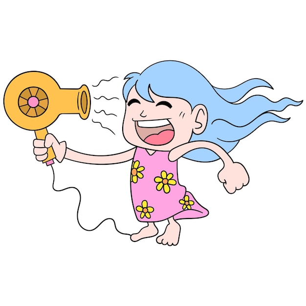 A girl playing hairdryer is directed to her face to dry her hair, vector illustration art. doodle icon image kawaii.