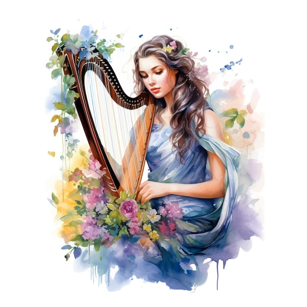 Girl playing harp watercolor paint ilustration