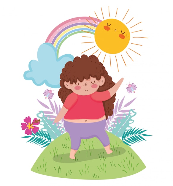 Girl playing in the plants with rainbow and sun