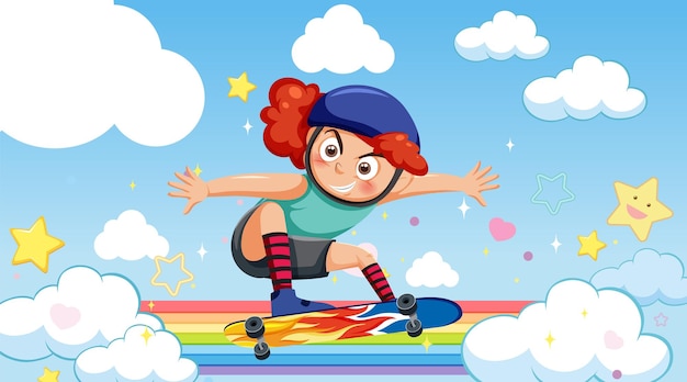 A girl playing skateboard on rainbow in the sky