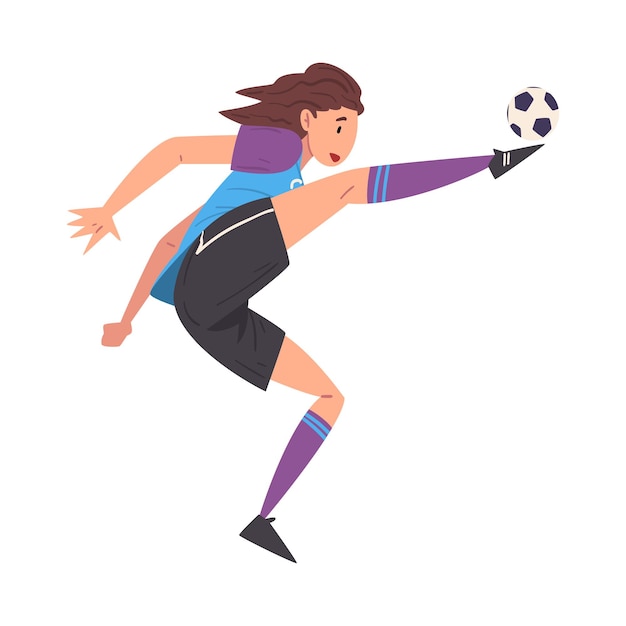 Girl playing soccer female football player character in sports uniform kicking the ball vector