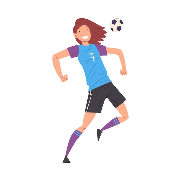 Girl playing soccer smiling sportive young woman football player character in sports uniform kicking