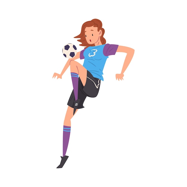 Vector girl playing soccer young woman football player character in sports uniform kicking the ball vector