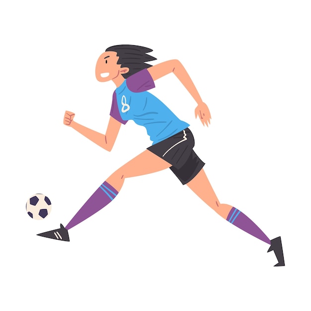 Girl playing soccer young woman football player character in sports uniform running and kicking the