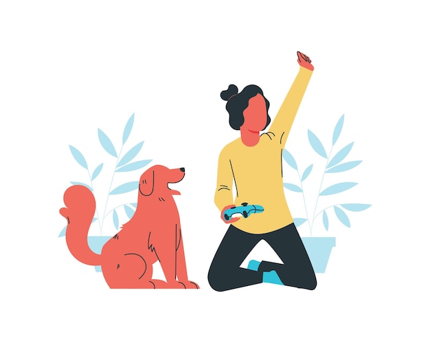 Vector a girl playing video games with dog flat vector illustration