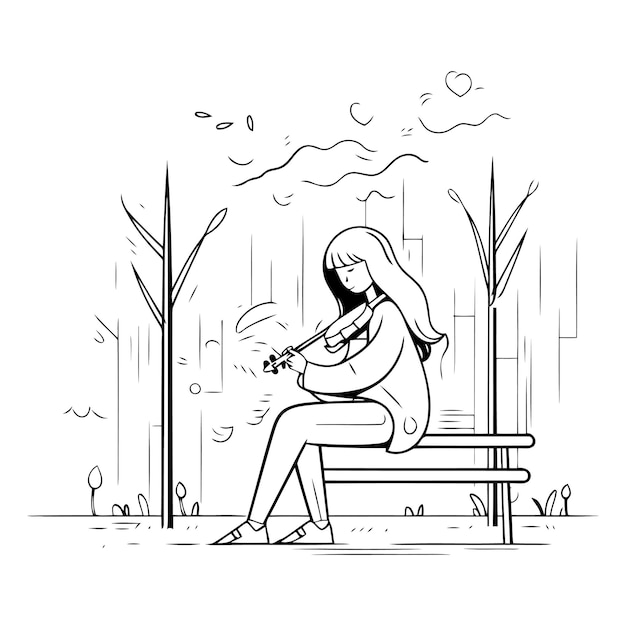 Girl playing the violin in the park in sketch style