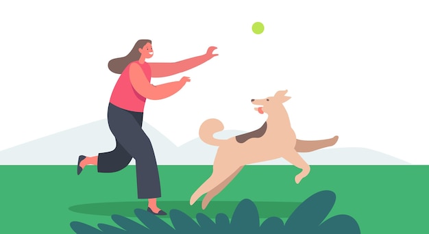 Girl Playing with Dog Outdoors. Little Child Character Play with Pet Throwing Ball. Kid Spend Time with Fluffy Friend. Relaxing, Leisure, Communicating with Home Animal. Cartoon Vector Illustration