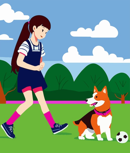 A girl playing with a dog