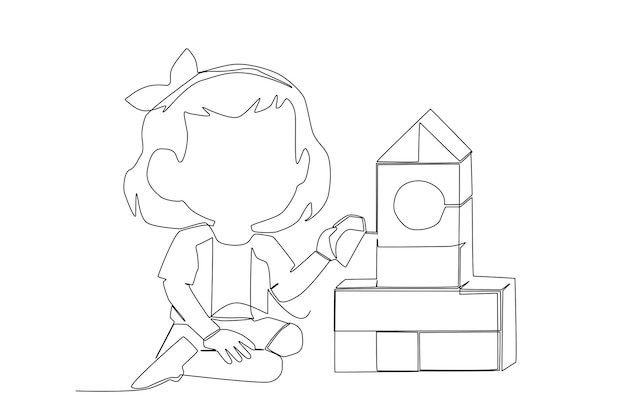 A girl playing with house brick line art