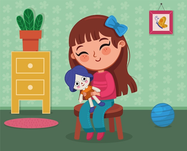 Girl playing with a rag doll in her room Vector illustration