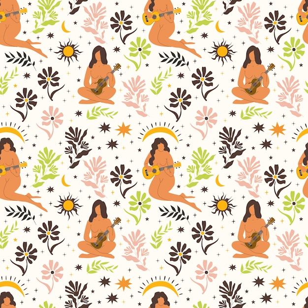 The girl plays the ukulele among the flowers Seamless pattern Vector illustration