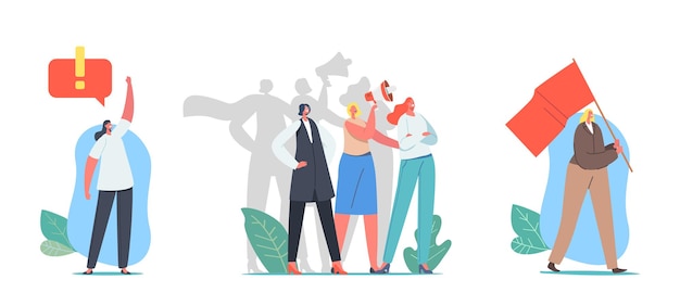 Girl Power Concept. Female Characters on Demonstration for Women Rights. Young Girls with Flags and Bullhorn. Feminism and Feminine, Empowerment Idea, Togetherness. Cartoon People Vector Illustration