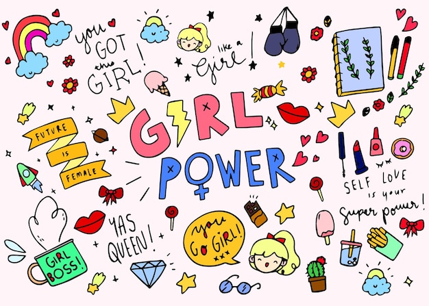 girl power doodle elements handdrawn