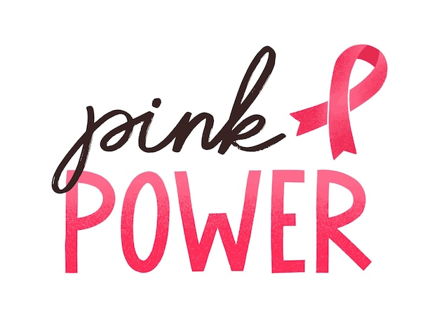 Girl power handwritten lettering. Women oncological disease, breast cancer awareness campaign slogan. Typography and pink ribbon composition. Inspirational phrase on white background.