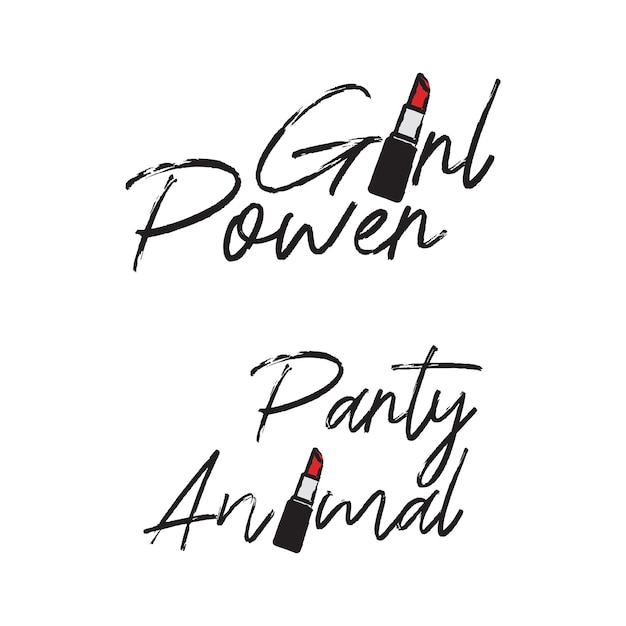 Girl power and party animal typographic texts and red lipstick in free vector word art illustration