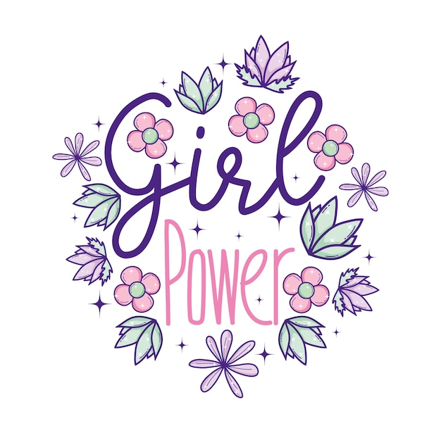 Girl power in round frame flowers and leaves