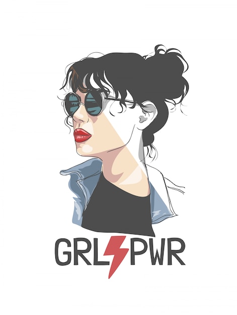 girl power slogan with girl in sunglasses half color half outline illustration