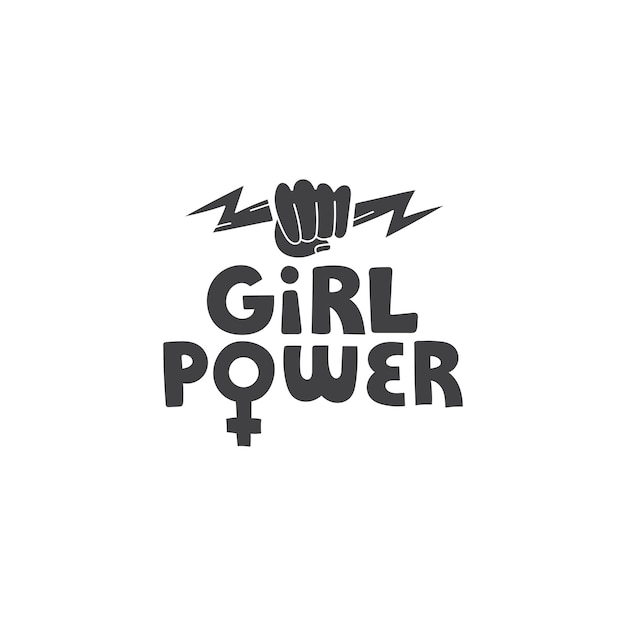 Girl power vector hand drawn lettering with fist and lightning symbols in doodle style Feminism art