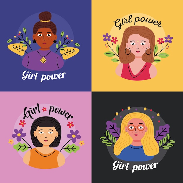 Girl power women cartoons set design of Woman empowerment female feminism and rights theme  illustration