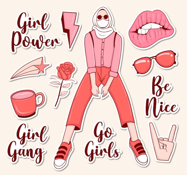 Girl powers stickers Collection with girl illustration and some elements