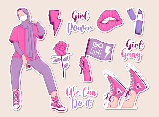 Girl powers stickers Collection with girl illustration and some elements