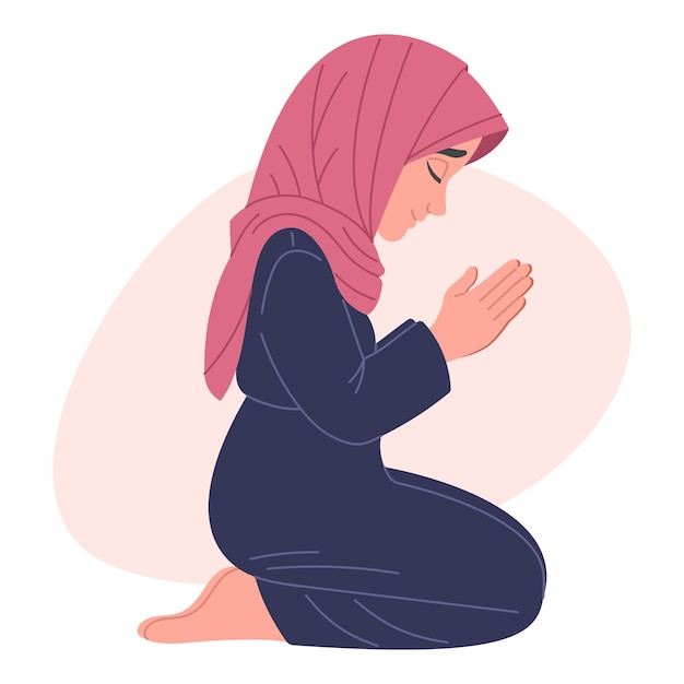 Girl praying on her knees hand drawn flat vector illustration