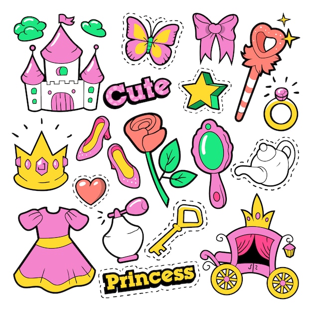 Girl Princess Badges, Patches, Stickers - Crown, Castle, Heart, Ring in Pop Art Comic Style.   illustration