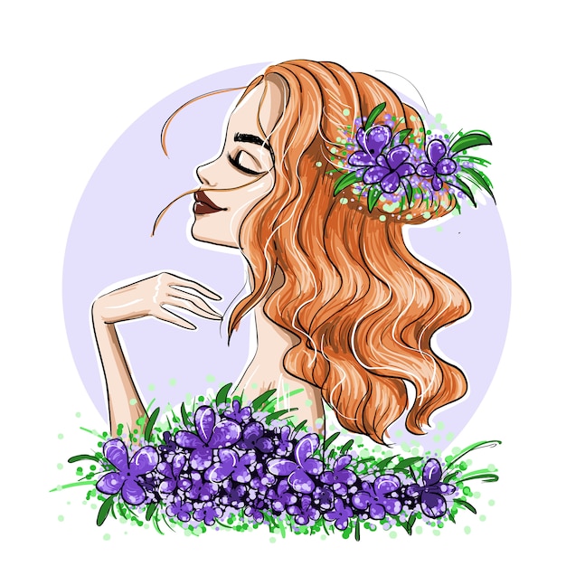 Girl profile with red waved hair and flowers