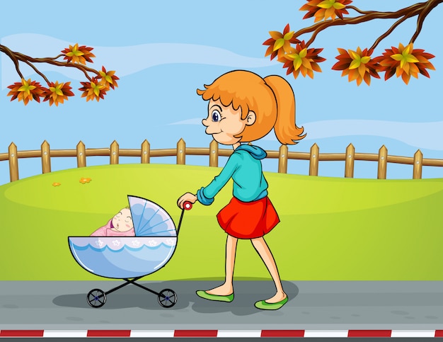 A girl pushing a stroller with a sleeping baby