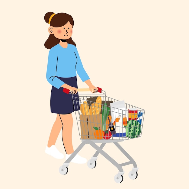 Girl Pushing Trolley Vector Illustration