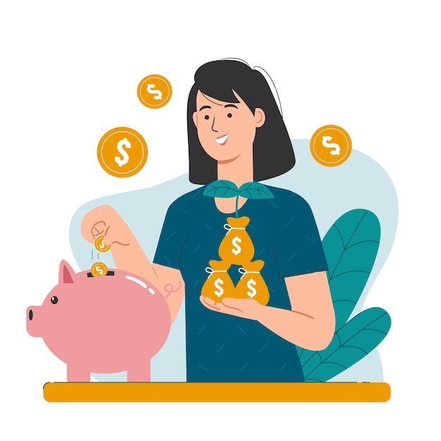 Girl putting coins into piggy bank. Savings and investment concept