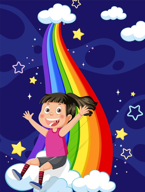 A girl on rainbow in the sky