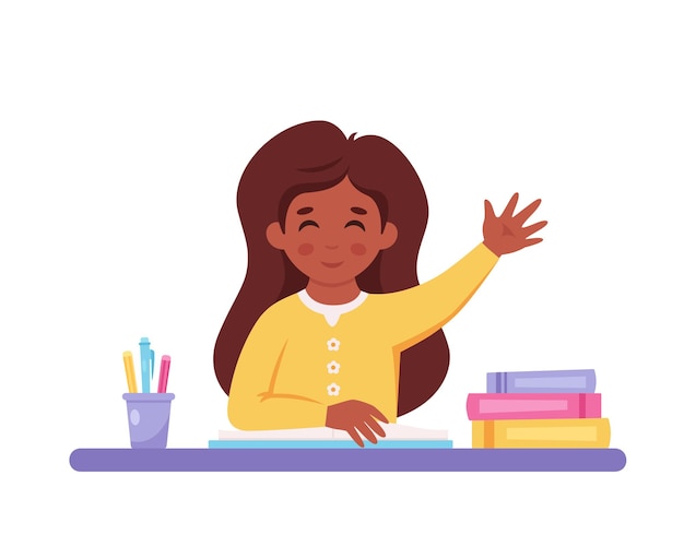 Girl raising hand to answer Child sitting at a desk with school supplies